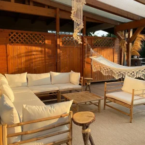 Set de muebles de jardín 7 piezas bambú y cojines gris oscuro Wabisabi Home®